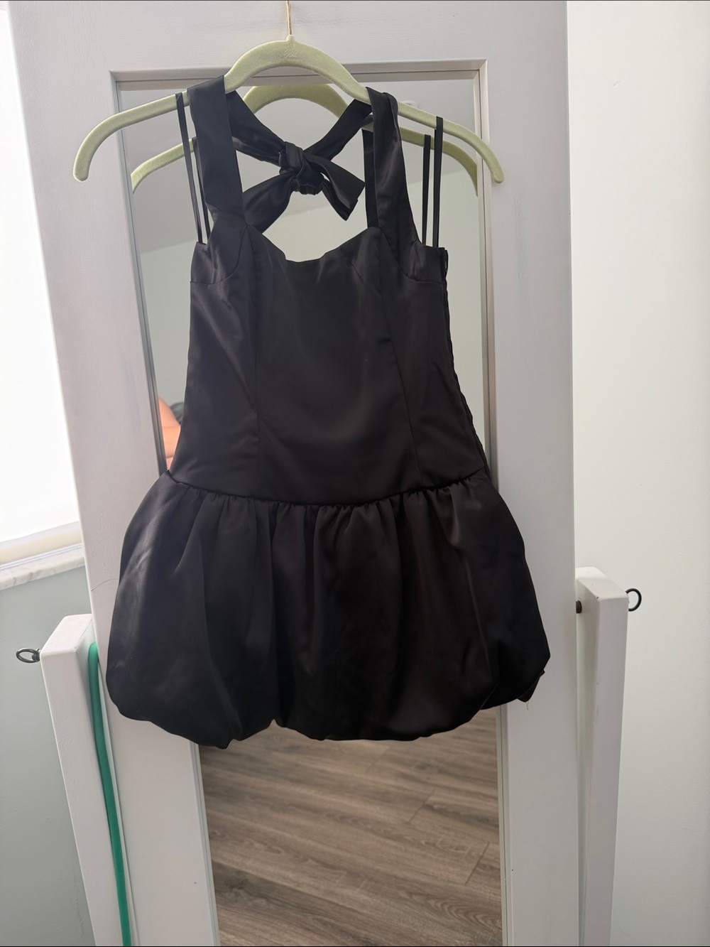 Girls Black Satin Bubble Hem Party Dress with Tie Neck